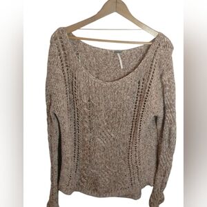 Free people off shoulder sweater crochet knit oversized pink tan alpaca wool